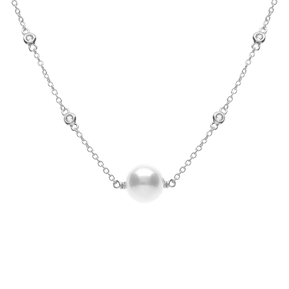 Collier argent rhodi� perle blanche r�glable 42 � 45cm - Vue 1