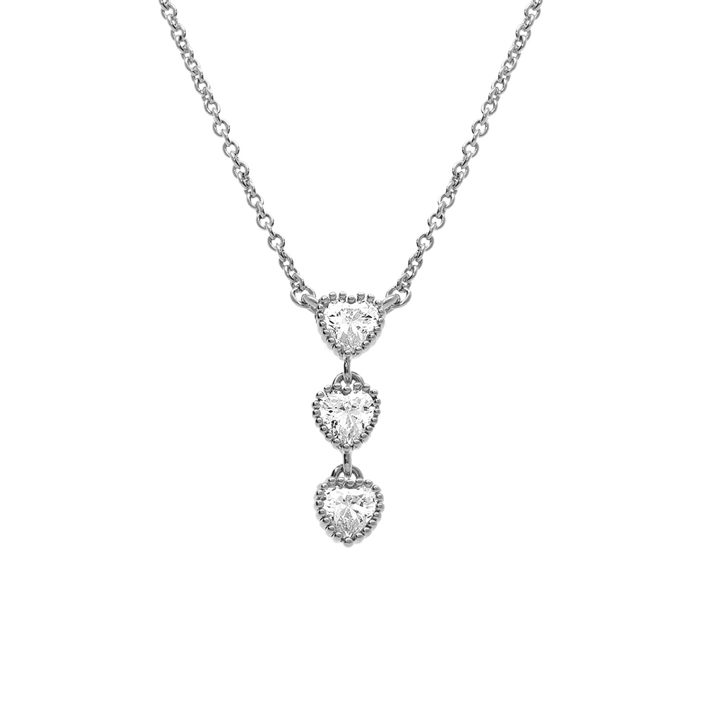 Collier argent rhodi� trois coeurs oxydes blancs - 42+3cm - Vue 1