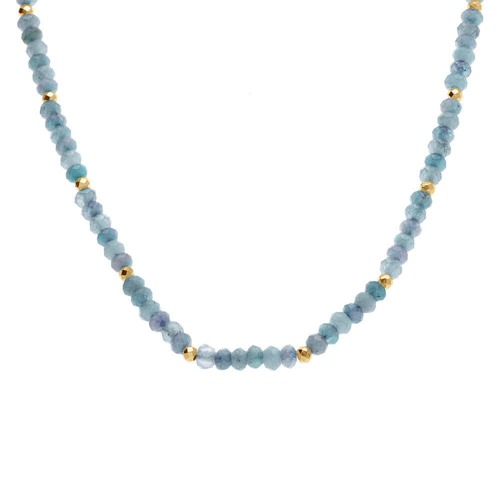 Collier avec agates bleu ciel v�ritables et boules facet�es en acier dor� - 38+5cm - Vue 1