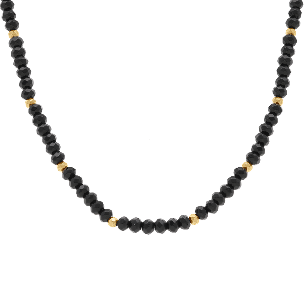 Collier avec agates noires v�ritables et boules en acier dor� - 38+5cm - Vue 1