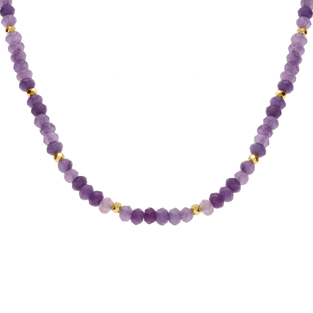 Collier avec amethystes v�ritables et boules en acier dor� - 38+5cm - Vue 1