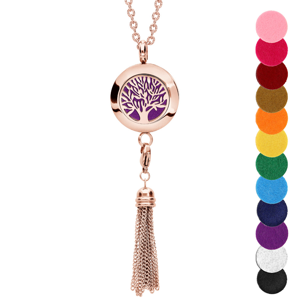 Collier avec Pendentif diffuseur de parfum mdaillon arbre de vie et pompon PVD rose - rglable 45  65cm - Vue 1