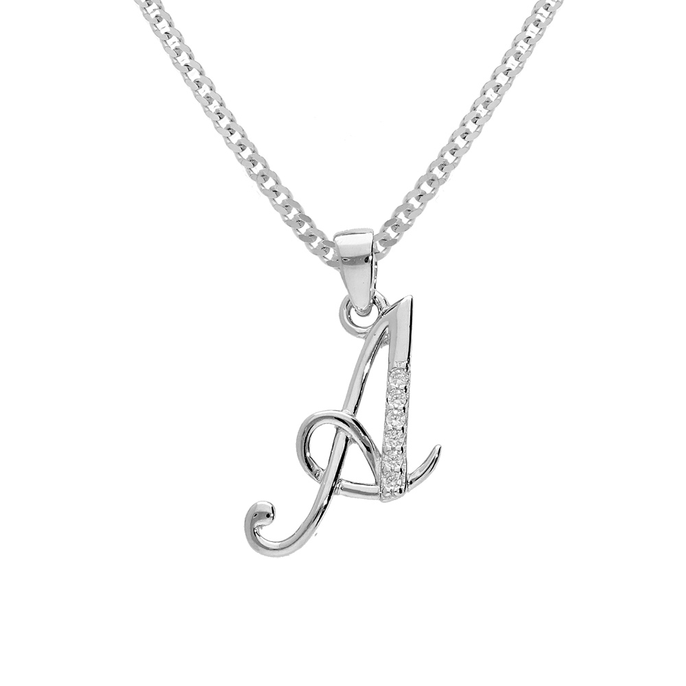 Collier avec pendentif en argent rhodi� initiale A majuscule avec oxydes blancs sertis longueur 42cm + 3cm - Vue 1