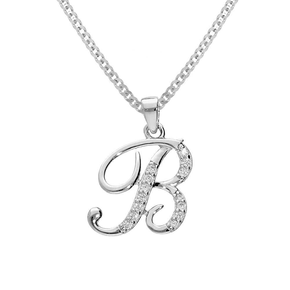 Collier avec pendentif en argent rhodi� initiale B majuscule avec oxydes blancs sertis longueur 42cm + 3cm - Vue 1