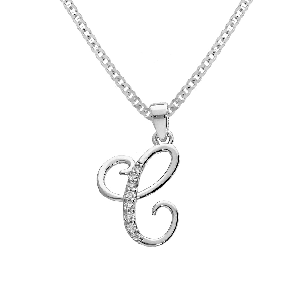 Collier avec pendentif en argent rhodi� initiale C majuscule avec oxydes blancs sertis longueur 42cm + 3cm - Vue 1