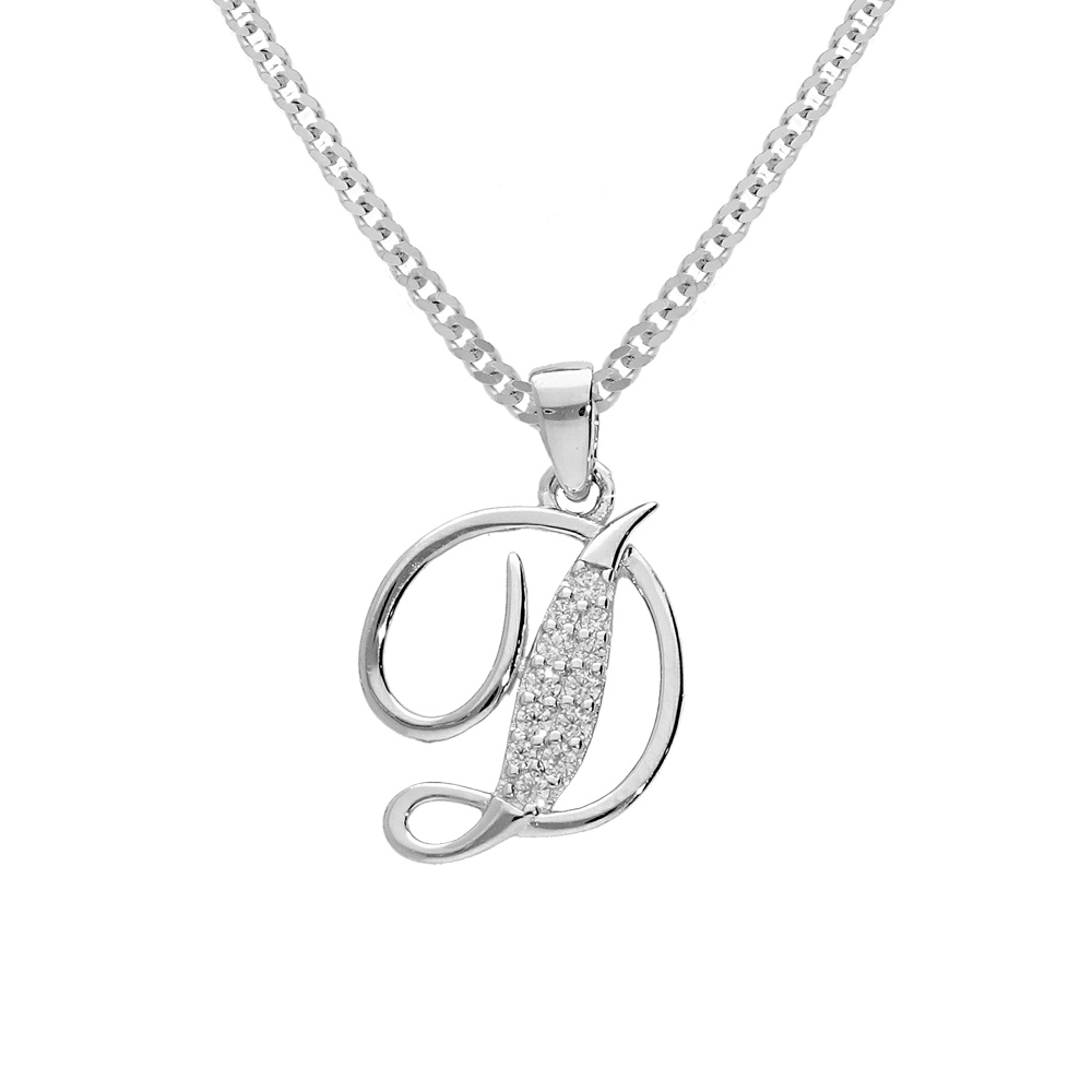 Collier avec pendentif en argent rhodi� initiale D majuscule avec oxydes blancs sertis longueur 42cm + 3cm - Vue 1