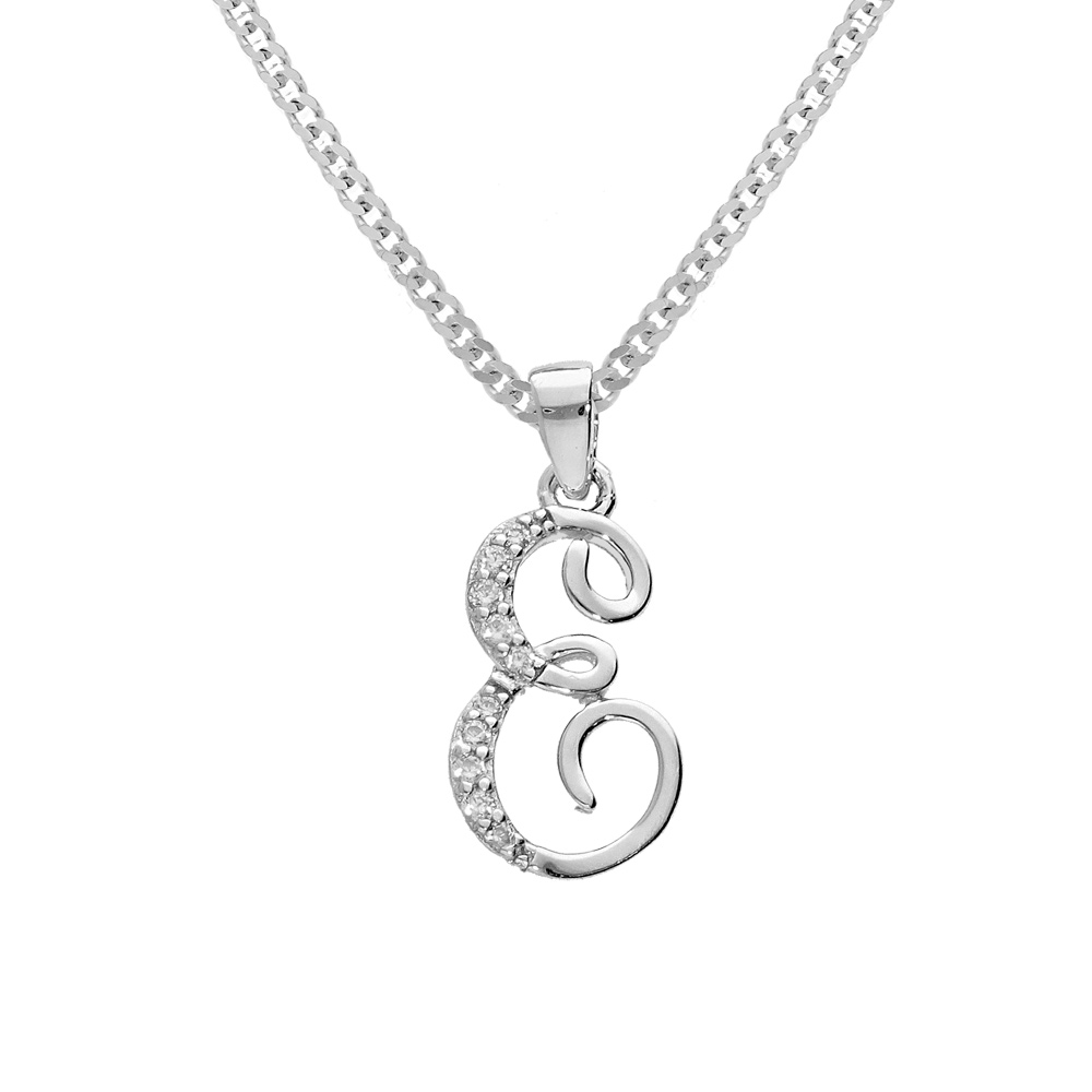 Collier avec pendentif en argent rhodi� initiale E majuscule avec oxydes blancs sertis longueur 42cm + 3cm - Vue 1