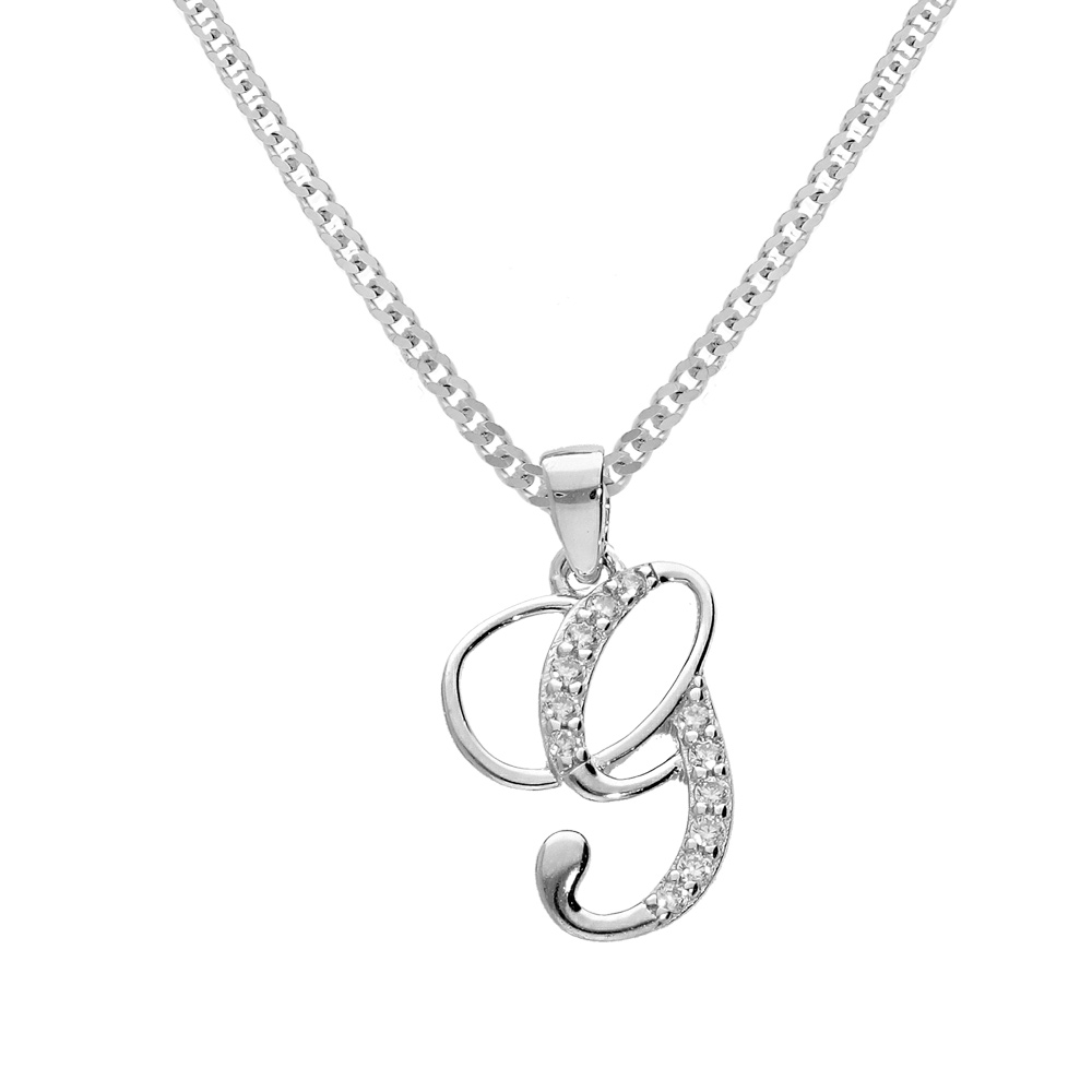 Collier avec pendentif en argent rhodi� initiale G majuscule avec oxydes blancs sertis longueur 42cm + 3cm - Vue 1