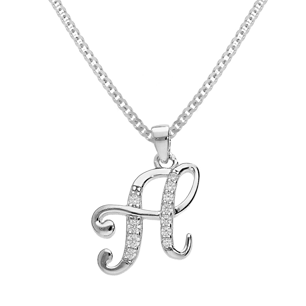 Collier avec pendentif en argent rhodi� initiale H majuscule avec oxydes blancs sertis longueur 42cm + 3cm - Vue 1