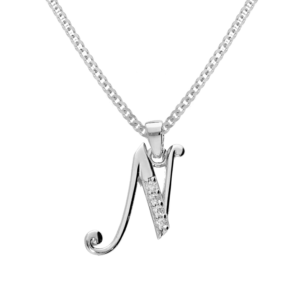 Collier avec pendentif en argent rhodi� initiale N majuscule avec oxydes blancs sertis longueur 42cm + 3cm - Vue 1