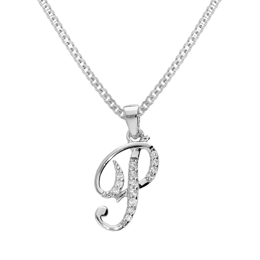 Collier avec pendentif en argent rhodi� initiale P majuscule avec oxydes blancs sertis longueur 42cm + 3cm - Vue 1