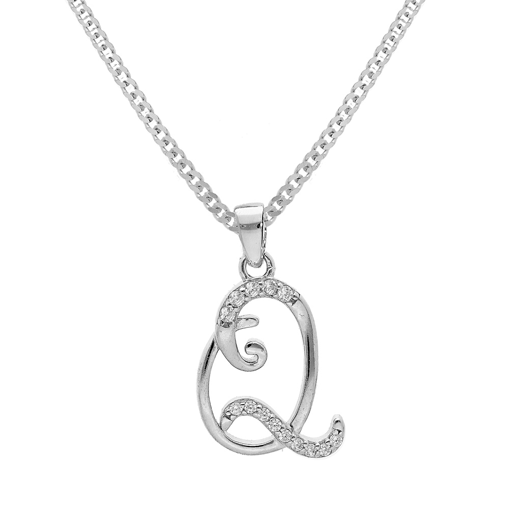 Collier avec pendentif en argent rhodi� initiale Q majuscule avec oxydes blancs sertis longueur 42cm + 3cm - Vue 1