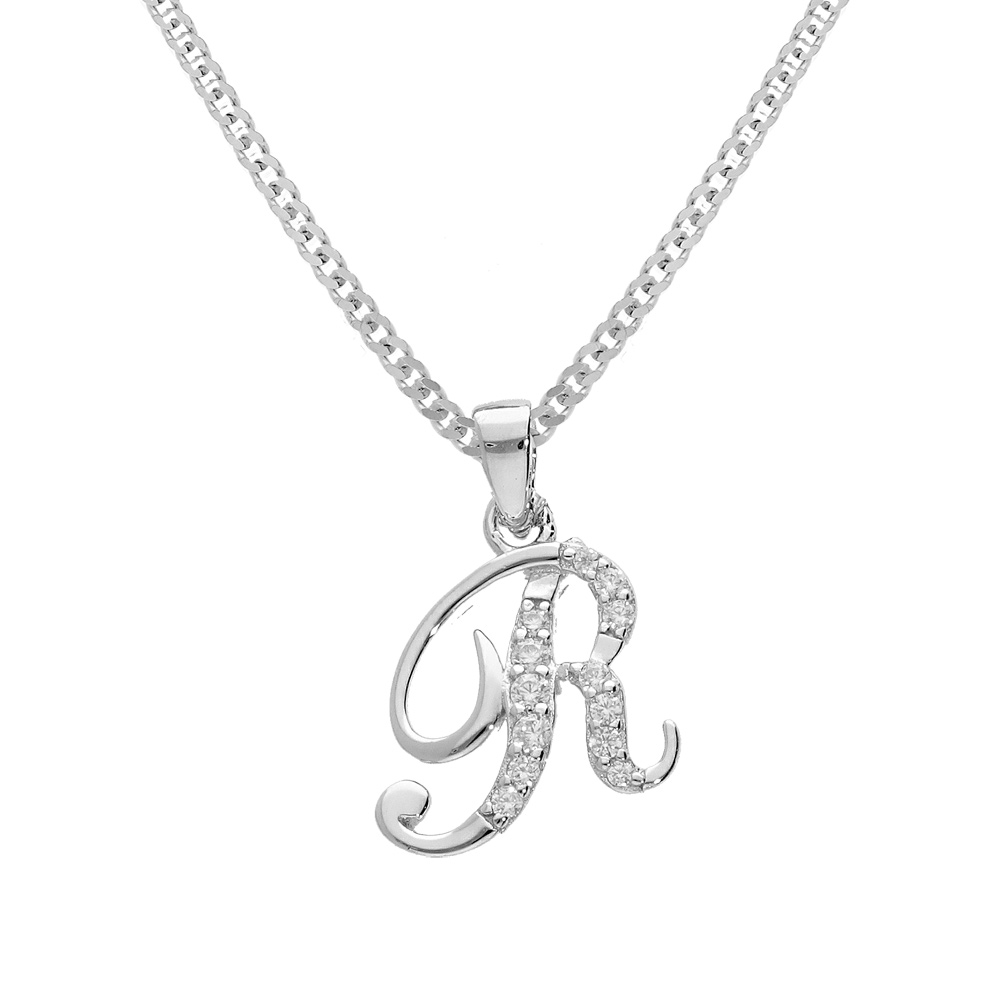 Collier avec pendentif en argent rhodi� initiale R majuscule avec oxydes blancs sertis longueur 42cm + 3cm - Vue 1