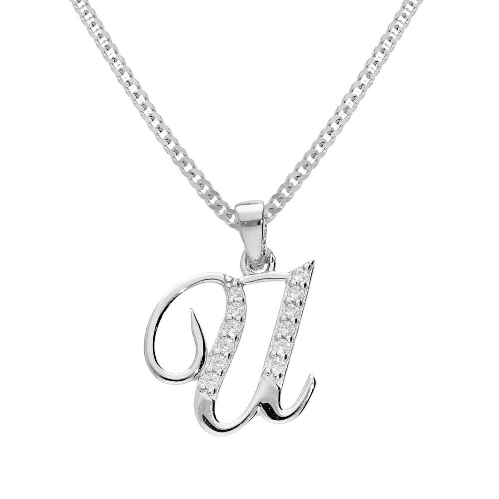 Collier avec pendentif en argent rhodi� initiale U majuscule avec oxydes blancs sertis longueur 42cm + 3cm - Vue 1