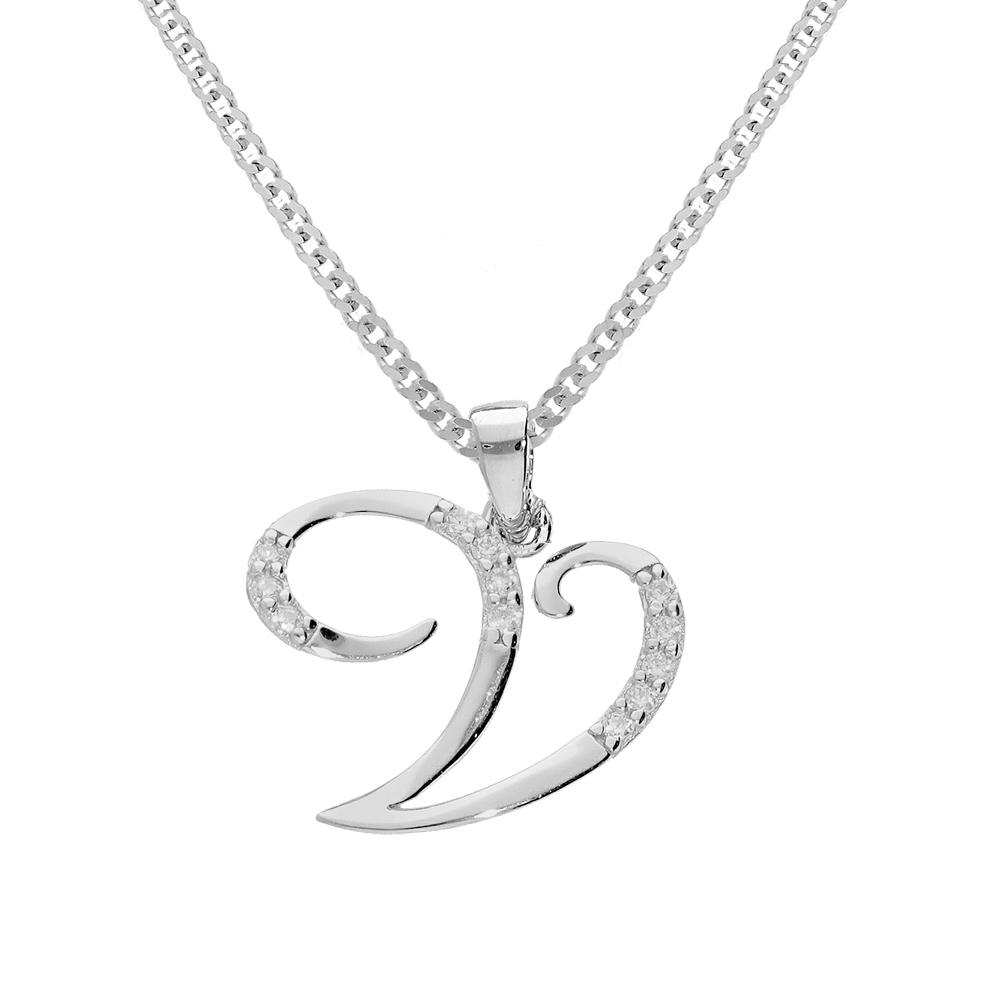 Collier avec pendentif en argent rhodi� initiale V majuscule avec oxydes blancs sertis longueur 42cm + 3cm - Vue 1