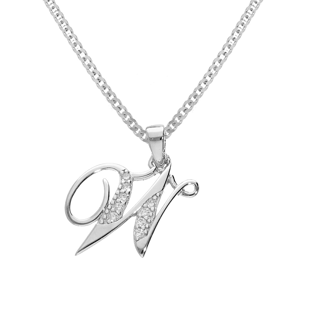Collier avec pendentif en argent rhodi� initiale W majuscule avec oxydes blancs sertis longueur 42cm + 3cm - Vue 1
