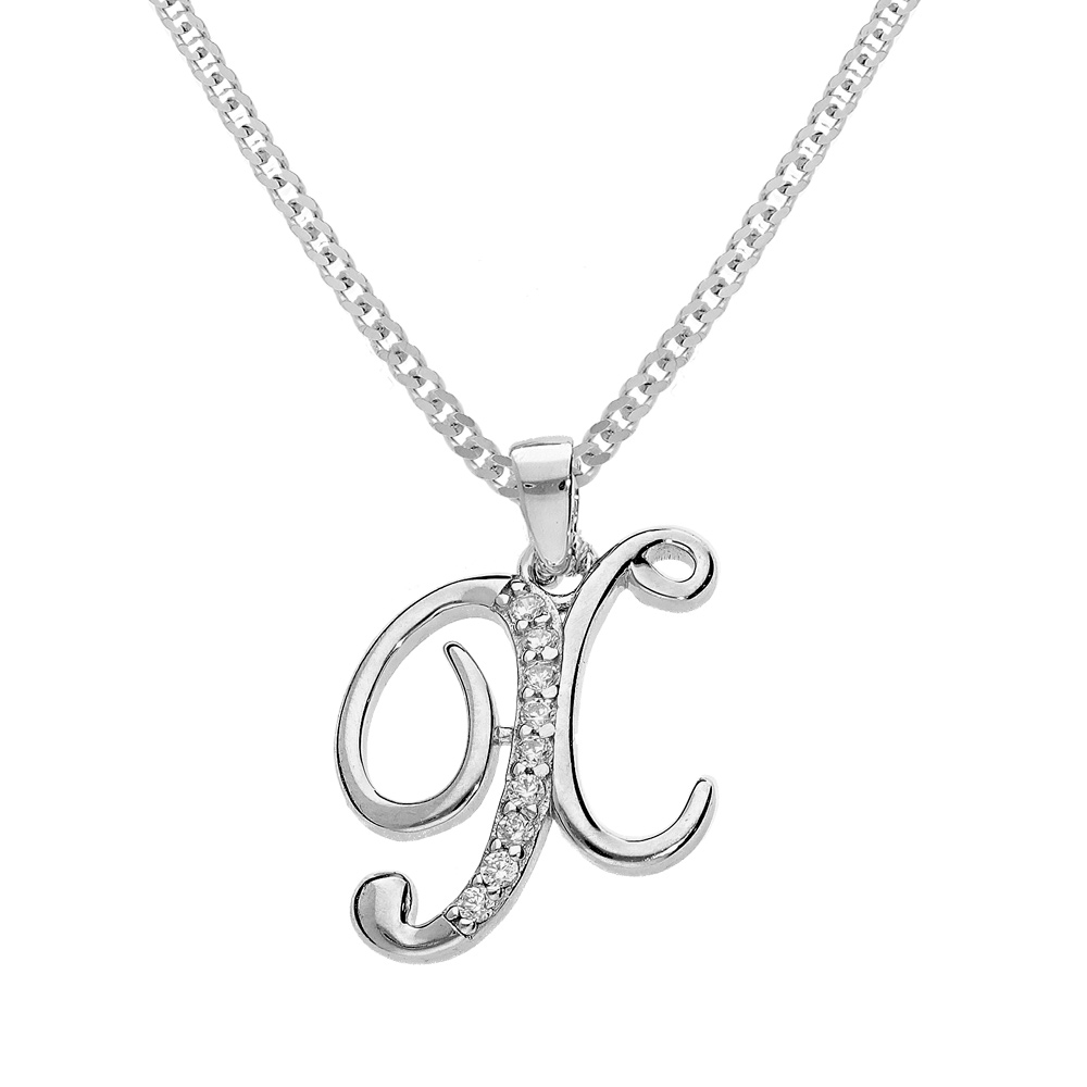 Collier avec pendentif en argent rhodi initiale X majuscule avec oxydes blancs sertis longueur 42cm + 3cm - Vue 1