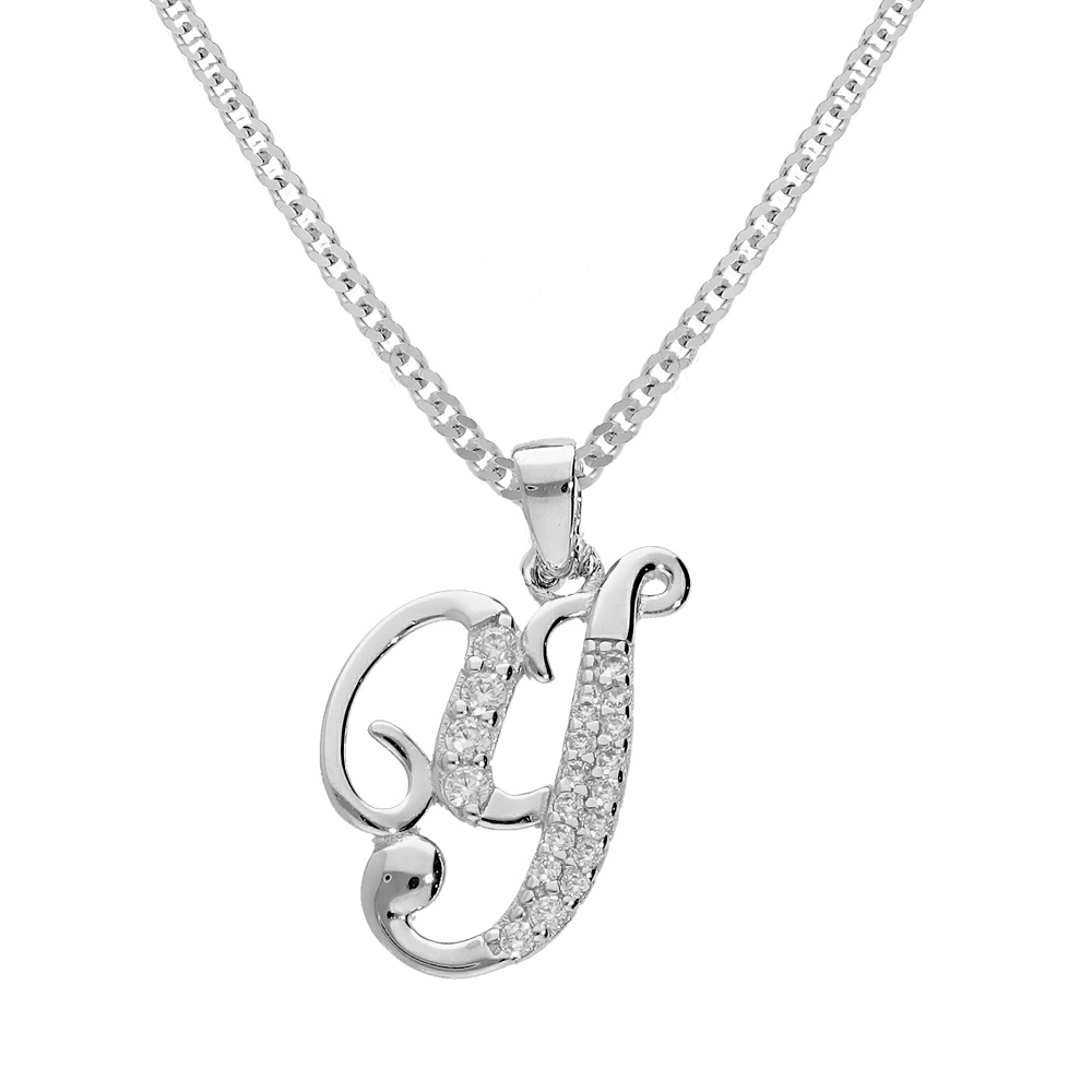 Collier avec pendentif en argent rhodi� initiale Y majuscule avec oxydes blancs sertis longueur 42cm + 3cm - Vue 1