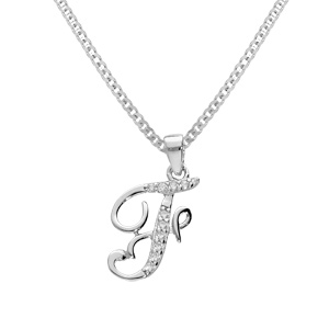 Collier avec pendentif en argent rhodi initiale F majuscule avec oxydes blancs sertis longueur 42cm + 3cm - Vue 1