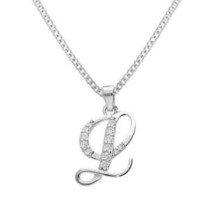 Collier avec pendentif en argent rhodi initiale L majuscule avec oxydes blancs sertis longueur 42cm + 3cm - Vue 1