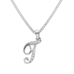 Collier avec pendentif en argent rhodi initiale T majuscule avec oxydes blancs sertis longueur 42cm + 3cm - Vue 1