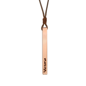Collier avec pendentif tube rectangulaire en acier rose satin 4mm prnom  graver et cordon marron rglable - Vue 1