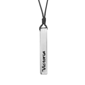 Collier avec pendentif tube rectangulaire en acier satiné 6mm personnalisable et cordon noir réglable - Vue 1