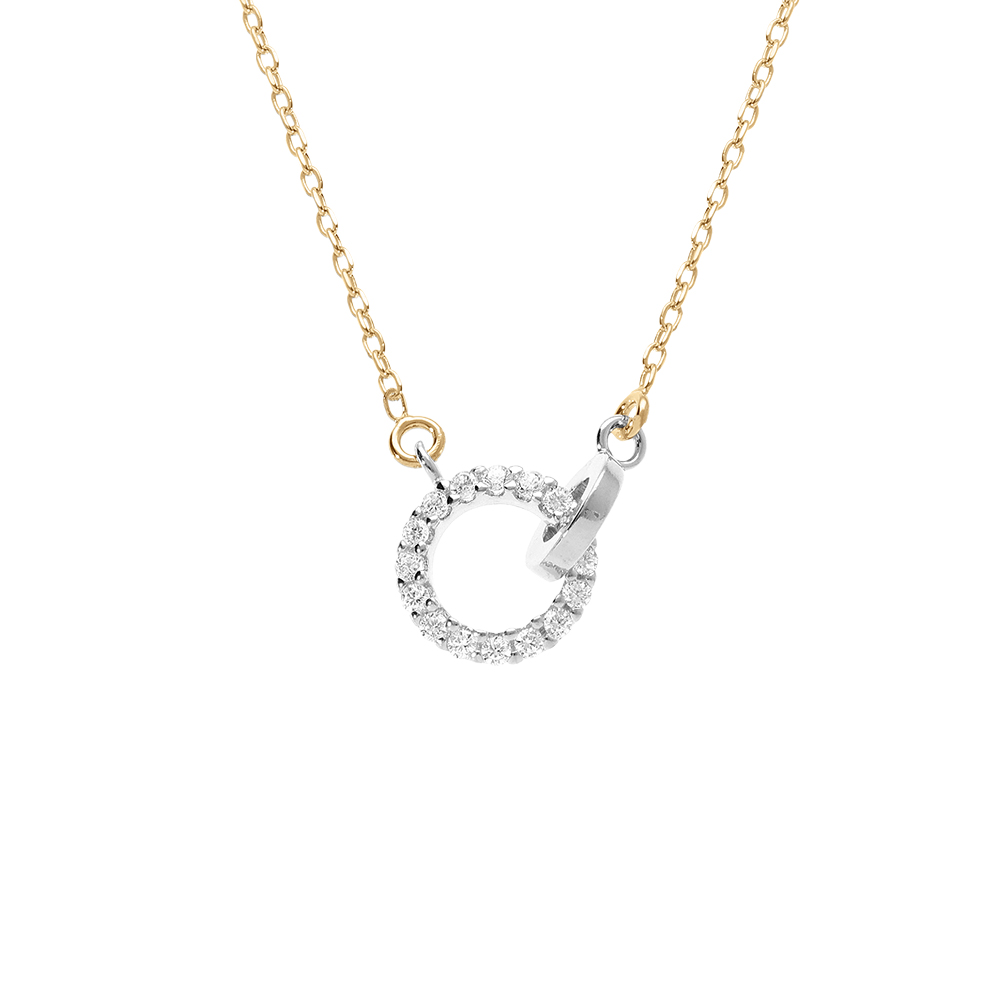 Collier cha�ne dor� jaune et 2 cercles entreelac�s argent rhodi� avec oxyde blanc r�glable 40 � 44cm - Vue 1