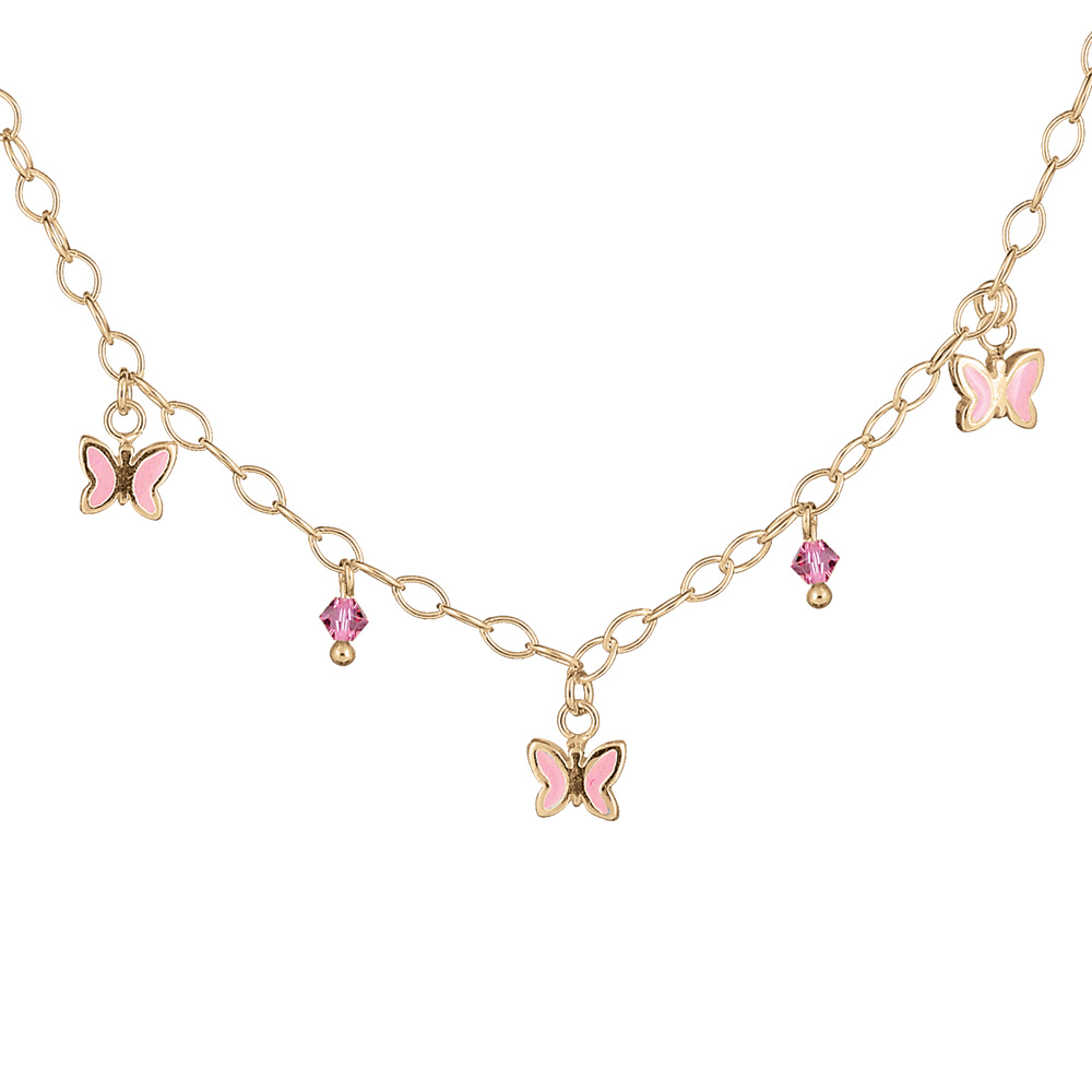 Collier cha�nette vermeil pampilles papillons roses + perles roses r�glable     32+4cm - Vue 1
