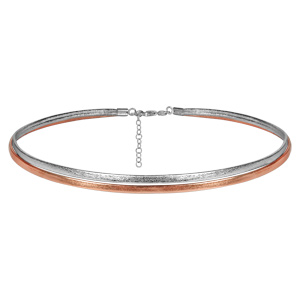 Collier choker en simili-cuir 2 bandes, 1 métalisé et l\'autre rose métalisé et fermoir en argent rhodié - longueur 37cm + 5cm de rallonge - Vue 1