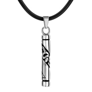 Collier cordon en caoutchouc noir avec pendentif en acier cylindre avec motif tribal noir - Vue 1