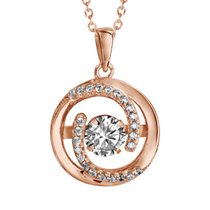 Collier Dancing Stone en argent et dorure rose chaîne avec pendentif rond et 2 extrémités en spirales ornées d\'oxydes blancs - longueur 42cm + 3cm de rallonge - Vue 1