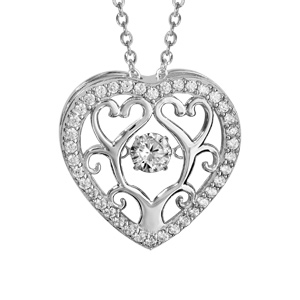 Collier Dancing Stone en argent rhodié chaîne avec pendentif coeur avec arbre de vie à l\'intérieur et oxydes blancs - longueur 42cm + 3cm de rallonge - Vue 1