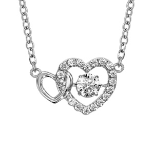 Collier Dancing Stone en argent rhodié chaîne avec pendentif 2 coeurs, 1 lisse et l\'autre orné d\'oxydes blancs sertis - longueur 41cm + 3cm de rallonge - Vue 1