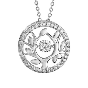 Collier Dancing Stone en argent rhodié chaîne avec pendentif rond arbre de vie orné d\'oxydes blancs - longueur 42cm + 3cm de rallonge - Vue 1