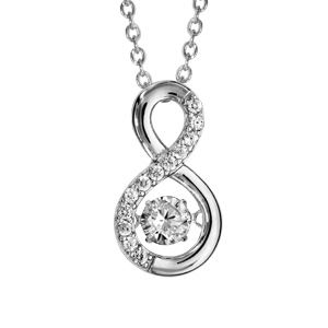 Collier Dancing Stone en argent rhodié chaîne retenant pendentif symbole infini orné d\'oxydes blancs - longueur 42cm + 3cm de rallonge - Vue 1