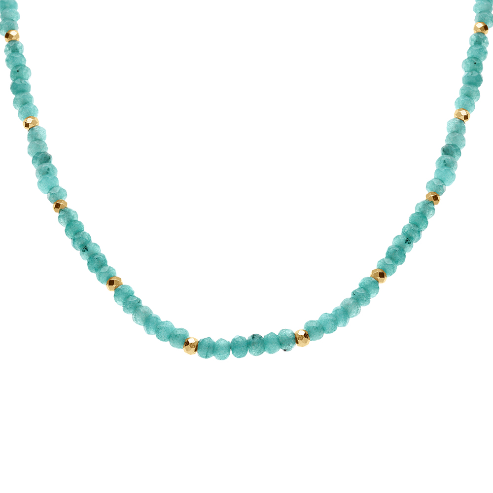 Collier de jade bleue v�ritable et de boules en acier dor� - 38+5cm - Vue 1