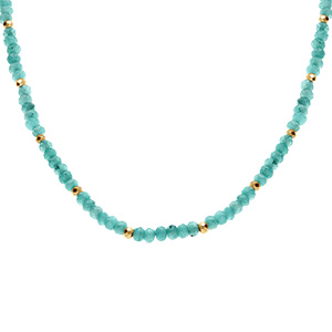 Collier de jade bleue véritable et de boules en acier doré - 38+5cm - Vue 1