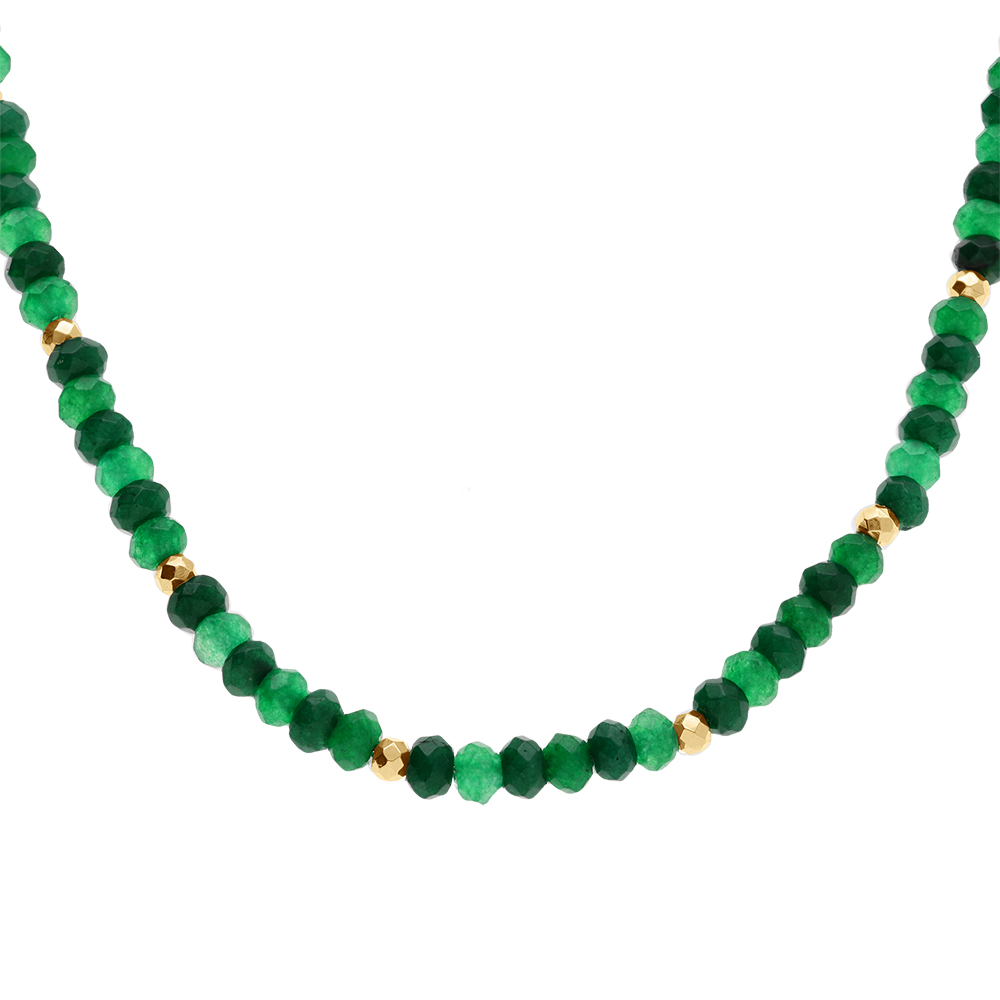 Collier de jade et d\'agate verte v�ritable et boules en acier dor� - 38+5cm - Vue 1