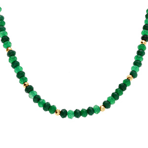 Collier de jade et d\'agate verte vritable et boules en acier dor - 38+5cm - Vue 1