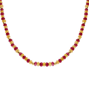 Collier de jade jaune et d\'agate orange véritable et boules en acier doré - 38+5cm - Vue 1