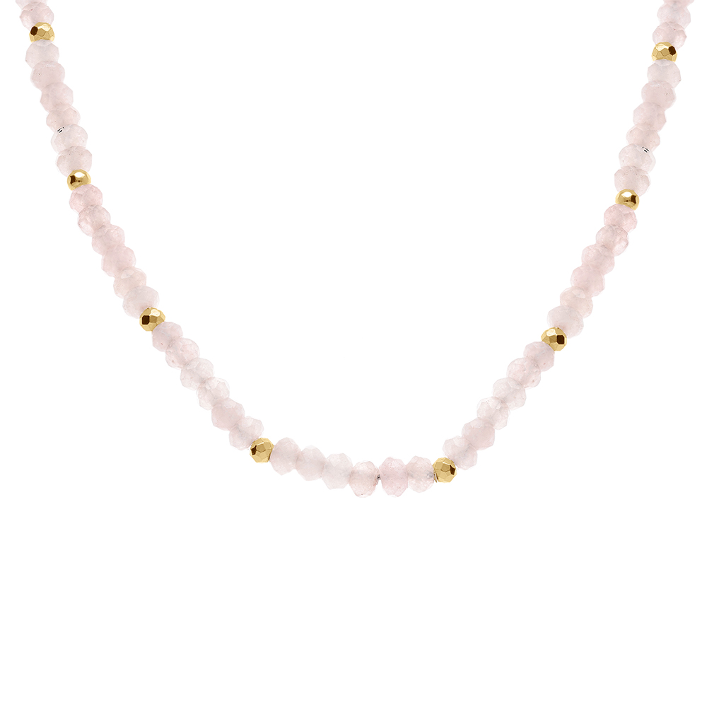 Collier de quartz rose v�ritable et boules en acier dor� - 38+5cm - Vue 1