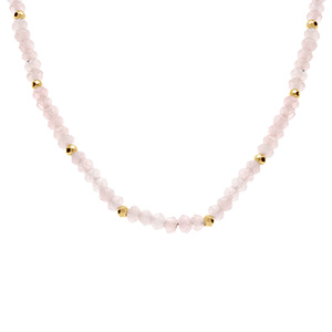 Collier de quartz rose vritable et boules en acier dor - 38+5cm - Vue 1