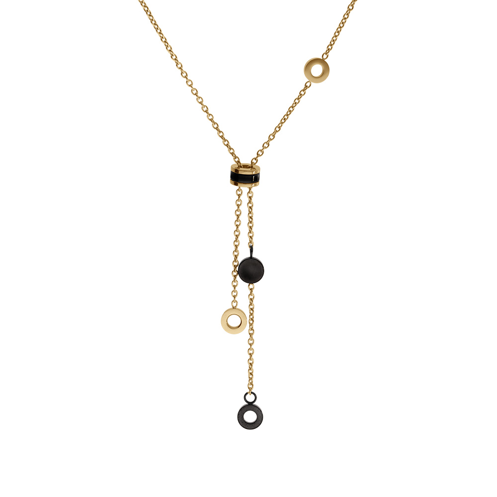Collier en acie dor� forme Y avec pastilles PVD noir - 43+5cm - Vue 1