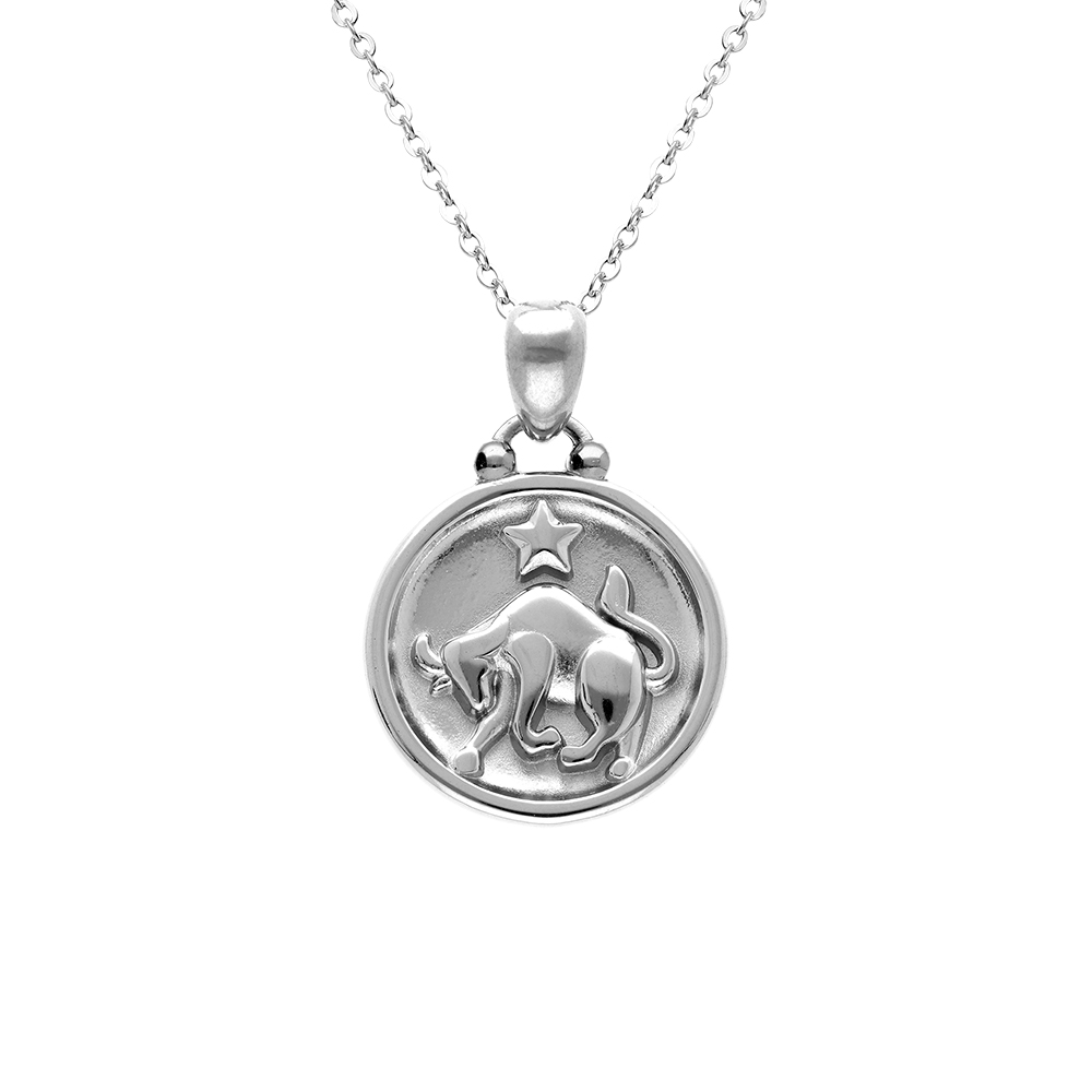 Collier en acie ravec  m�daille 15mm zodiaque taureau recto verso constellation,  40+10cm - Vue 1