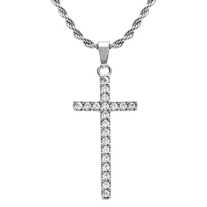 Collier en acier avec cha�ne corde et pendentif croix 30mm x 15mm orn� d'oxydes blancs - 38+5cm