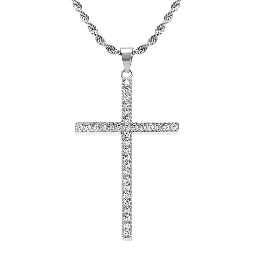 Collier en acier avec cha�ne corde et pendentif grande croix 40mm x 23mm orn� d\'oxydes blancs -  38+5cm - Vue 1
