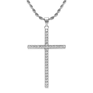 Collier en acier avec cha�ne corde et pendentif grande croix 40mm x 23mm orn� d'oxydes blancs -  38+5cm