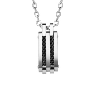 Collier en acier avec chane et pendentif rectangulaire et cble PVD noir 50+5cm - Vue 1