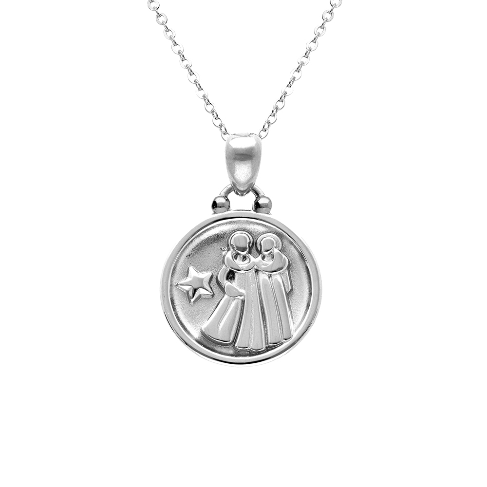 Collier en acier avec m�daille 15mm zodiaque gemeaux recto verso constellation,  40+10cm - Vue 1